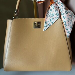 KATE SPADE Elegant Tan Phoebe Handbag with Floral Scarf Accent